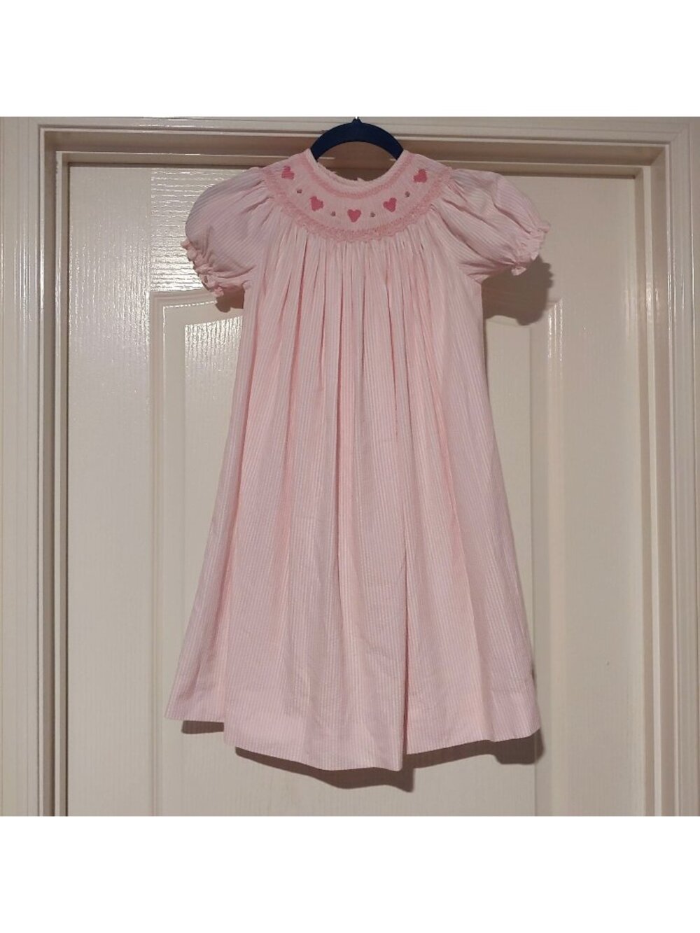 Royal Child Hand Smocked Bishop Dress Pink Seersucker Hearts Heirloom Darling